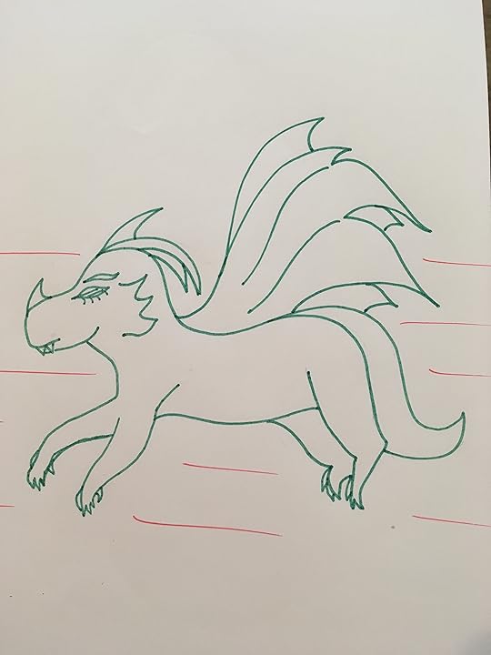 Green dragon with red background sleeping or possibly flying