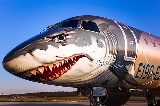 Closeup of new Embraer E2 regional jets, the Profit Hunter, with shark livery