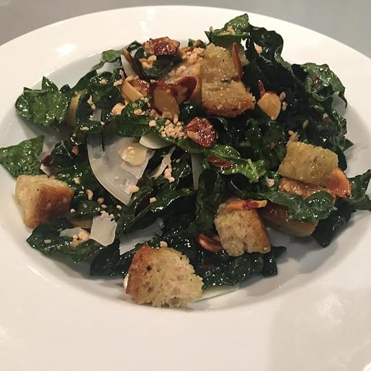 First Course: Maple Kale Salad with Toasted Almonds, Parmigiano-Reggiano and Rustic Croutons, found on page 107 in The Vermont Non-GMO Cookbook .