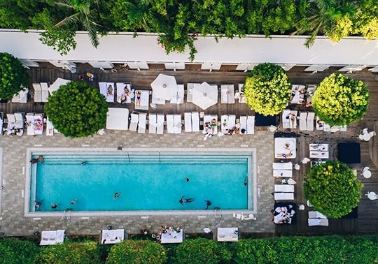 Aerial view of a hotel pool in Miami