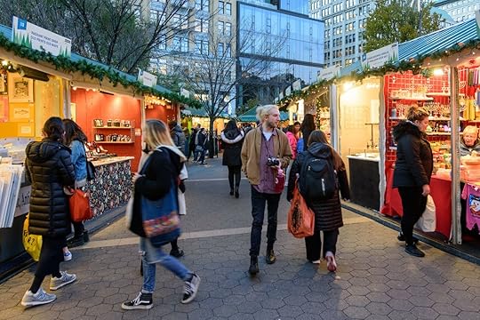 People strolling and shopping the Union Square Holiday Market in New York City