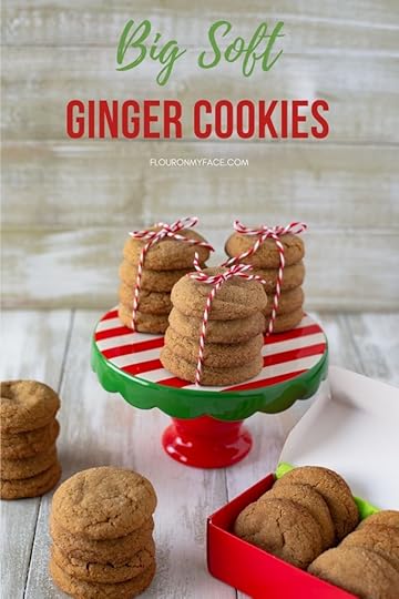 Big Soft Ginger cookies on a holiday cake stand for a Christmas cookie exchange or for Santa