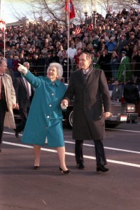 President and Mrs. Bush walk down Pennsylvania Avenue to the White House after the Inauguration at the U.S. Capitol