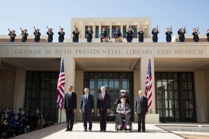 President Barack Obama with former Presidents George W. Bush, Bill Clinton, George H.W. Bush, and Jimmy Carter during the dedication of the George W. Bush Presidential Center at the George W. Bush Presidential Library and Museum on the campus of Southern Methodist University in Dallas, Texas, April 25, 2013