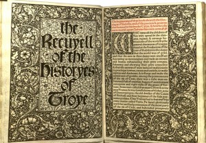 William Morris's edition of William Caxton's The Recuyell of the Historyes of Troye, the first book printed in the English language. (http://bit.ly/1GNoHTd)