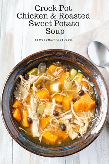 Crock Pot Chicken Roasted Sweet Potato Soup in a blue hand turned pottery bowl