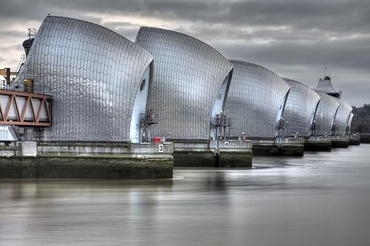 View of the Thames Barrier, a large moveable flood barrier in London