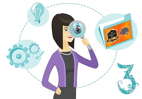 woman with magnifying glass and Narrator Self Assessment Quiz folder