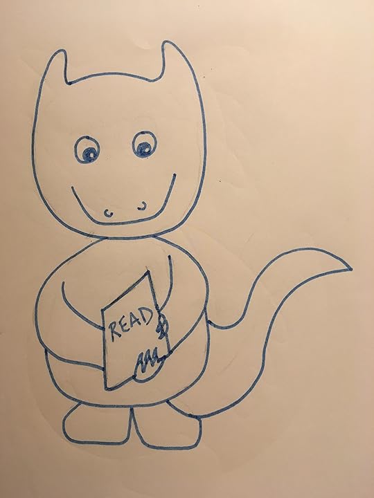 Blue dragon holding a book that says read