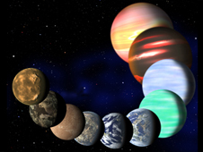 An illustration of a number of the different kinds of planets found by Kepler all lined up in a row.