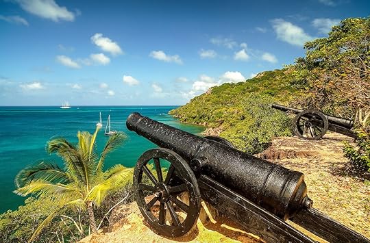 Canons pointed out at the water in Fort Warwick, Providence Island, Colombia