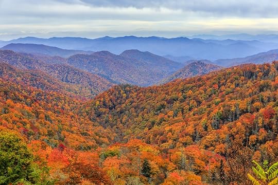View of fall foliage and mountains in Great Smoky Mountains National Park along the North Carolina Tennessee border