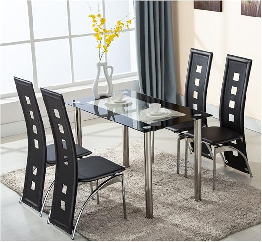 5 Piece Glass Dining Table Set 4 Leather Chairs Kitchen Room Breakfast Furniture Ebay Black Glass Kitchen Table and Chairs