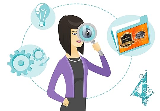 woman with magnifying glass and Narrator Self Assessment Quiz folder