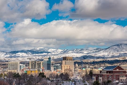 Skyline of Boise with snow in the foothills