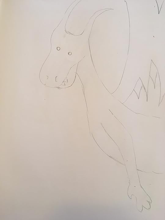 Sketch of a cartoon dragon in-flight in pencil small eyes