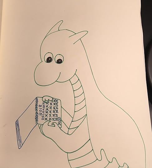 Green dragon holding 2018 blue calendar - happy.