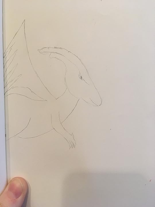 Duckbill dinosaur in pencil on the book I am holding it