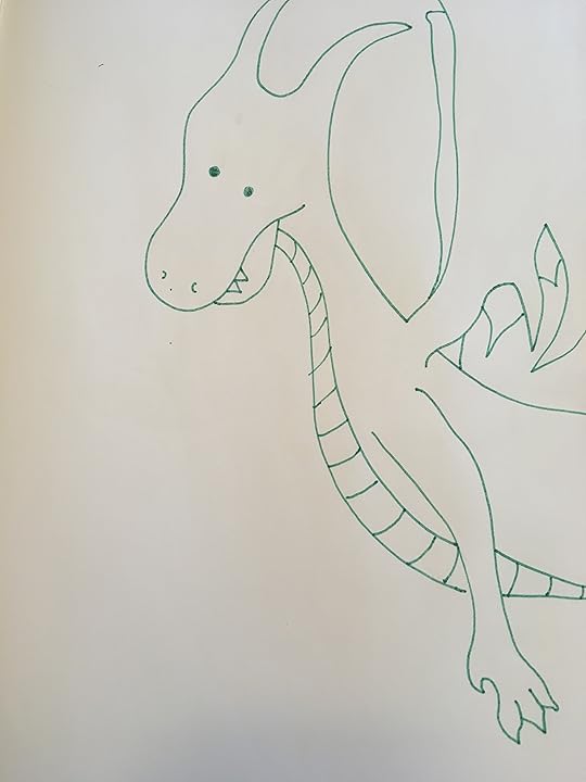 Cartoon dragon in green small eyes flying