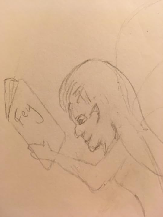 Pencil drawing fairy goblin will eat your soul holding book that says fey
