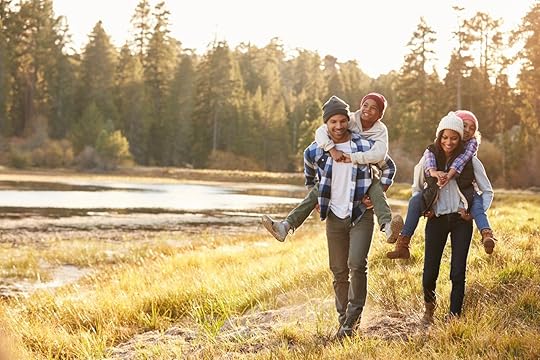 Family hiking through nature together
