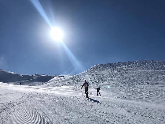 Skiers on fresh white powder on a Lebanese mountain