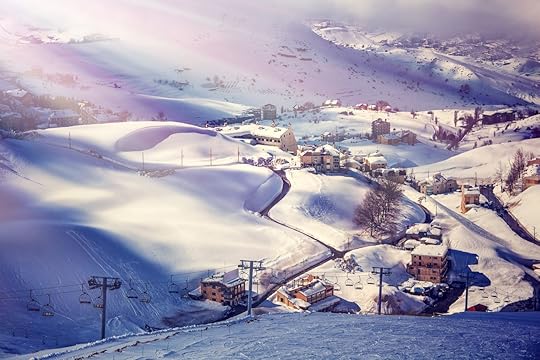 beautiful ski resort, mountain covered with snow, and luxury cottages in Lebanon