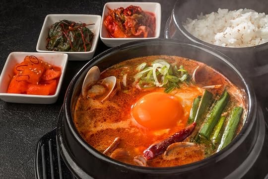 Korean soup with sides and rice