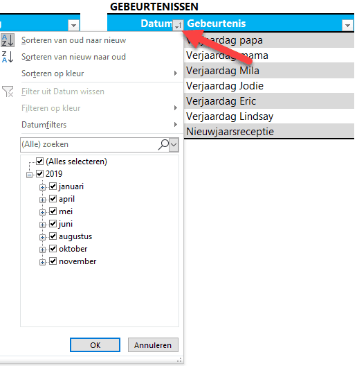 Excel tabel sorteren