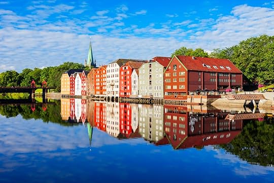 Colorful old houses at the Nidelva river embankment in the center of Trondheim old town, Norway