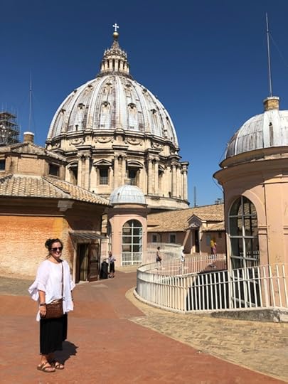 At the top of the Vatican in black palazzo pants (excellent for all those stairs), a linen top, and my beloved Birks.