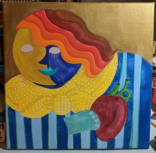 An abstract painting of a woman holding a human heart.