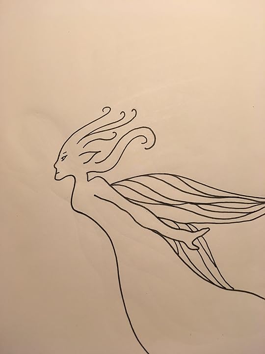 Fairy flying into wind black ink