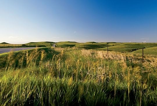 Rolling hills and fields in Kansas with a road running through