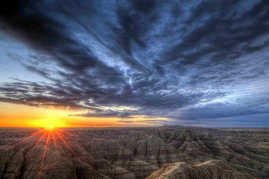 Rocky landscape in South Dakota with a sunset