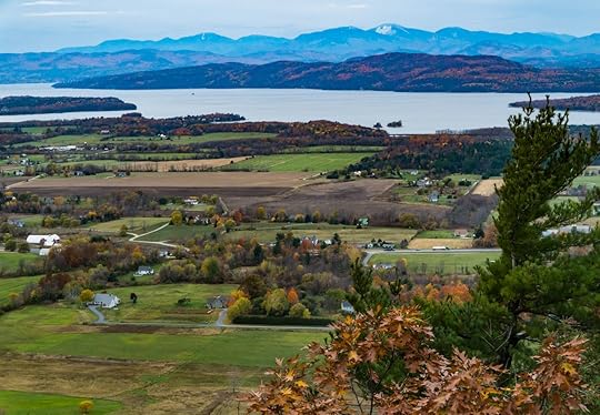 view from Mount Philo of rural Vermont farm valley in autumn