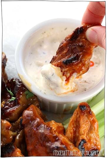 Vegan Chicken Wings!!!! Vegan seitan bites made in two flavours, sticky garlic and buffalo sauce. This classic bar food served with vegan blue cheese dip and all! Make ahead recipe. Perfect for Superbowl Sunday, game night, or a party appetizer. #itdoesnttastelikechicken #veganrecipes #vegan