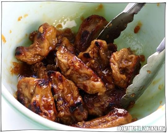Vegan Chicken Wings!!!! Vegan seitan bites made in two flavours, sticky garlic and buffalo sauce. This classic bar food served with vegan blue cheese dip and all! Make ahead recipe. Perfect for Superbowl Sunday, game night, or a party appetizer. #itdoesnttastelikechicken #veganrecipes #vegan