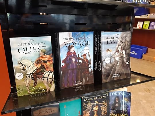 A display of the Gift-Knight Trilogy at Bakka Phoenix Books.
