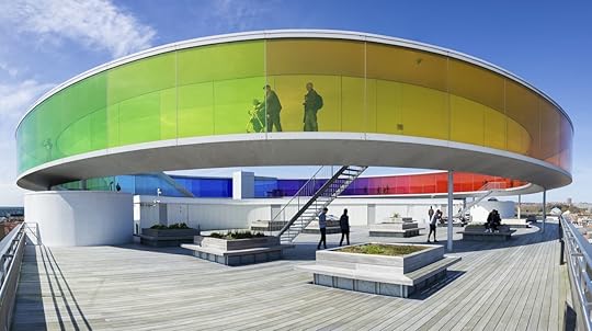 Your Rainbow Panorama, an installation by Danish-Icelandic artist Olafur Eliasson. Visitors inside and below the artwork.
