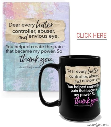 Colorful journal and black mug with text: Dear every hater, controller, abuser, and envious eye. You helped create the pain that became my power. So thank you. 