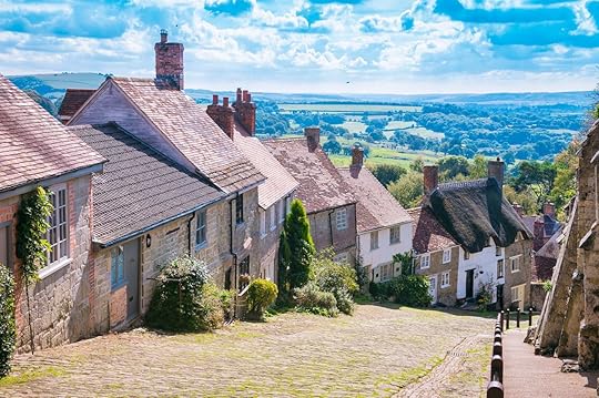 Scenic English countryside view from Gold Hill, in the traditional hillside village of Shaftesbury, England