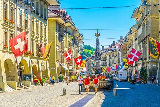 Kreuzgassbrunnen fountain on Kramgasse, the main street in Bern, Switzerland
