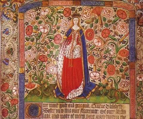 Elizabeth Woodville in her Coronation Robes, from the Guild Book of the London Skinners’ Fraternity of the Assumption of the Virgin Mary, c. 1472