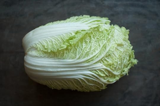 A light green head of Napa cabbage on a dark grey background.