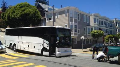 @jimgreer posted this photo of a Google bus on Twitter: "@google bus stuck at 23rd and Chattanooga. pic.twitter.com/VZi4iOSU"