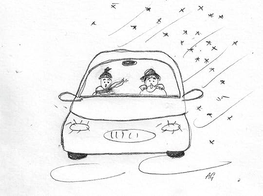 Sketch of two women having a horrible day driving a car through a snow storm (by Annette Gendler)