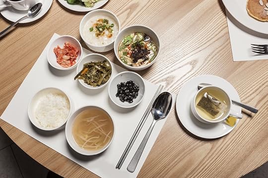 The hotel buffet breakfast food, salad, bread, egg, cornflake, coffee, han-food on the wood table in seoul, south korea
