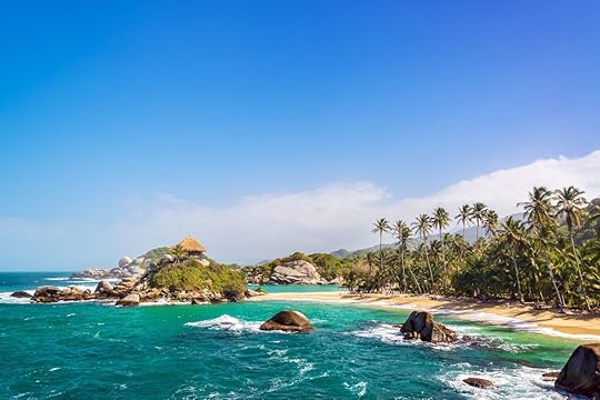 Palm trees and blue Caribbean water on San Juan del Guia beach in Tayrona National Park in Colombia