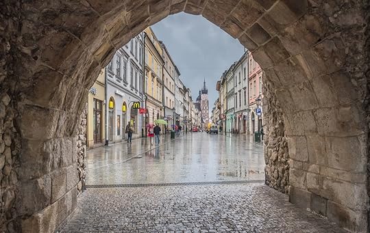 Polish street with restaurants and shops near St. Florian's Gate